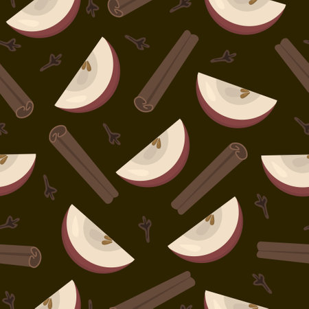 Seamless pattern with apples and spices. Illustration on a dark background with cinnamon sticks and clovesのイラスト素材
