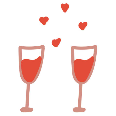 Hand-drawn illustration of glasses with red wine and hearts. Doodle isolated on white background.のイラスト素材