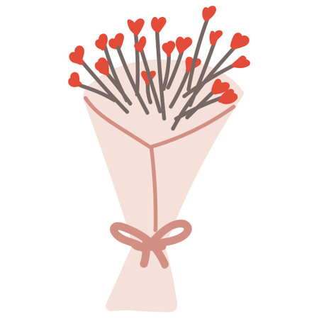 Hand-drawn illustration of bouquet of flowers in the shape of a sweetheart. Doodle isolated on white background.のイラスト素材