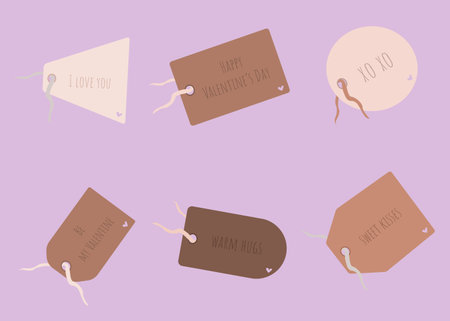 Tags hanging from a drawstrings with the inscriptions and hearts. Holiday labels for valentine's dayのイラスト素材
