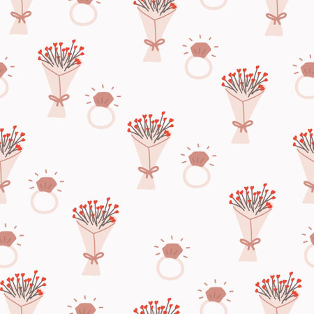 Seamless pattern with bouquets of flowers in the shape of hearts and engagement rings with diamonds. Hand drawn illustrationのイラスト素材