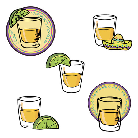Hand drawn set shot tequila, lime, sombrero sketch vector illustrationのイラスト素材