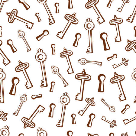 Hand drawn keys and keyhole. Seamless ornament for different backgrounds from postcard to wrapping paper and fabric. Vector elements are easy to recolor.のイラスト素材
