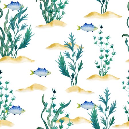 watercolor hand drawn seamless pattern with small fish ocean green water seaweed algae. Marine environment cosmetics super food labels design packaging kelp laminaria spirulina healthy organic eatingの写真素材