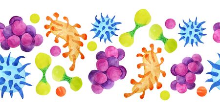 Hand drawn watercolor seamless horizontal border multicolored yellow orange green blue purple viruses and bacteria isolated set. Microscopic cell illness, virus, bacterium and microorganism illustration. Microbiology concept.の写真素材