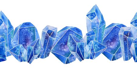 Watercolor hand drawn seamless horizontal border illustration set of blue gemstone cystals percious semiprecious minerals with facets. Mystic witchcraft concept for occult symbols. Topaz sapphire, lapis lazuli, zircon tanzanite. Boho style decoration.の写真素材