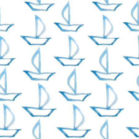 Seamless watercolor pattern with electric blue navy turquoise ship boat elements. simiple minimalist design with sea river ocean transport in cartoon style. Doodle for textile wallpaper, holiday voyage concept.の写真素材