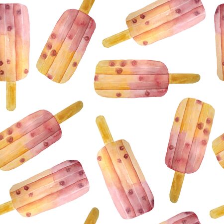 Watercolor hand drawn seamless pattern illustration of fruit  ice cream elements. Sweet tasty delicious healthy food. Orange pink blush dessert. For summer menu street cafe. Frozen juiceの写真素材