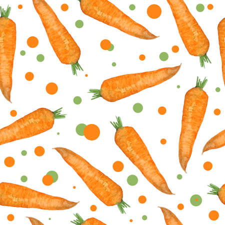 Watercolor seamless hand drawn pattern with orange ripe carrots, organic healthy natural food, vitamins vegetarian vegan. For cooking design illustration, textile wrapping paper wallpaper. Bright colors.の写真素材