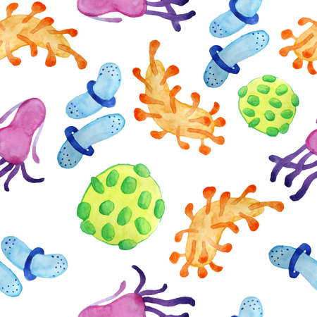 Hand drawn watercolor seamless pattern multicolored yellow orange green blue purple viruses and bacteria isolated set. Microscopic cell illness, virus, bacterium and microorganism illustration. Microbiology concept.の写真素材