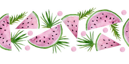 Seamless watercolor hand drawn horizontal pattern with sweet juicy watermelon slices and green palm...