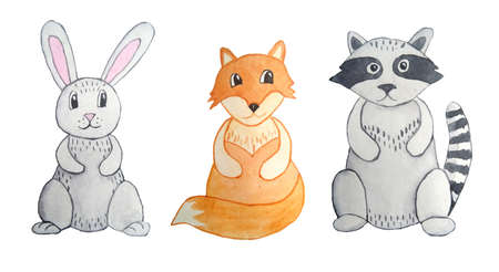 Watercolor hand drawn illustration set of grey hare bunny rabbit, racoon, orange fox. For nursery postcards wallpaper posters. Wood forest woodland design, nature wild animals. Cute funny cartoon characters.の写真素材