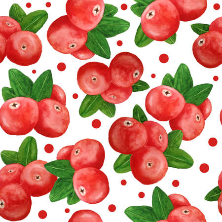Watercolor hand drawn seamless pattern illustration of cranberry cowberry lingonberry partridgeberry red berries and green leaves. Healthy organic wood woodland forest berries on polka dot backgroundの写真素材
