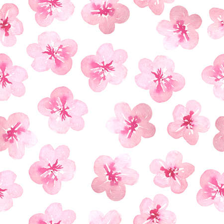 Watercolor hand drawn seamless pattern with pink cherry sakura flowers blossom bloom. Japanese Chinese Asian plant concept delicate elegant soft floral design illustration. Botanical cute elements.の写真素材