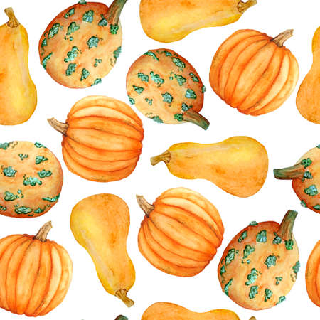 Watercolor hand drawn seamless pattern with orange pumpkins, organic farmers healthy food ingridient. Halloween thanksgiving celebration design illustration. Decoration autumn fall harvest label textileの写真素材