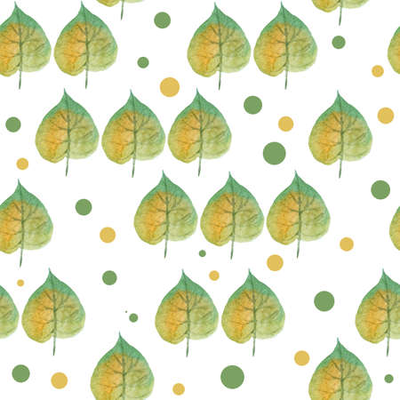 Seamless hand drawn watercolor pattern with green yellow wild leaves in wood woodland forest on...
