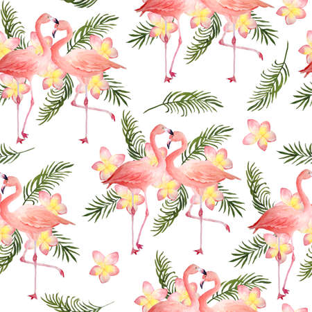 Seamless hand drawn watercolor pattern with pink flamingo, romantic couple in love, palm leaves plumeria frangipani flowers. Tropical exotic bird rose flamingos. Realistic animal illustration. Wedding cardsの写真素材