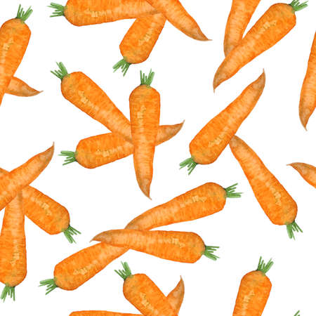 Watercolor seamless hand drawn pattern with orange ripe carrots, organic healthy natural food, vitamins vegetarian vegan. Cooking design illustration, textile wrapping paper wallpaper. Bright harvest.の写真素材