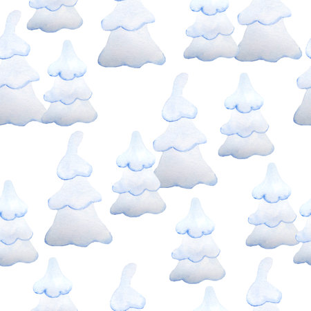 Watercolor seamless hand drawn pattern with christmas fir pine trees in blue decoration ornament. New year celebration design in nordic scandinavian style on white background. Minimalist simple cartoonの写真素材