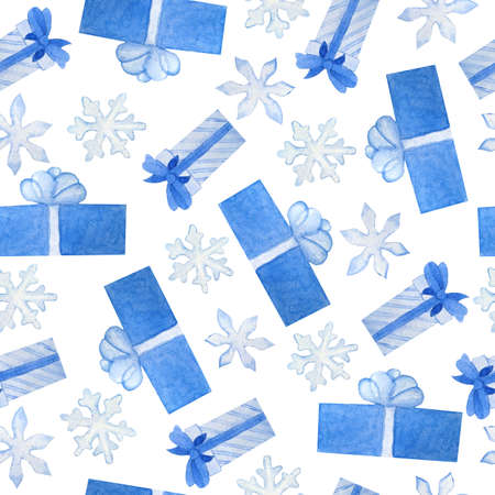 Watercolor seamless hand drawn pattern with blue grey christmas gifts in decor wrapping paper with bows snow snowflakes. Nordic scandinavian neutral colors for new year celebration cards background.の写真素材
