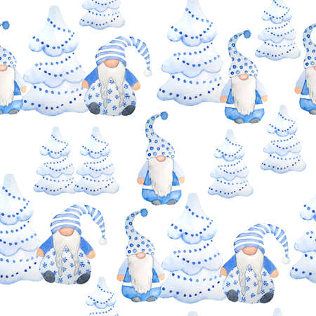 Watercolor hand drawn seamless pattern nordic scandinavian gnomes for christmas decor tree. New year illustration in blue grey Christmas fir tree. Funny winter character north swedish elf in hat beard. Greeting cardの写真素材