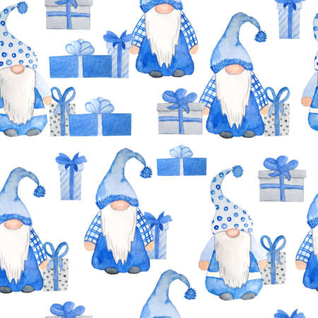 Watercolor hand drawn seamless pattern nordic scandinavian gnomes for christmas decor gifts presents. New year illustration in blue grey cartoon style. Funny winter character north swedish elf in hat beard. Greeting cardの写真素材