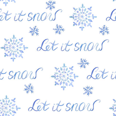 Watercolor hand drawn seamless pattern with Let It Snow phrase lettering and blue snowflakes. Elegant illustration for Christmas New year cards invitations design. Electric blue snow frost pastel. Winter backgroundの写真素材