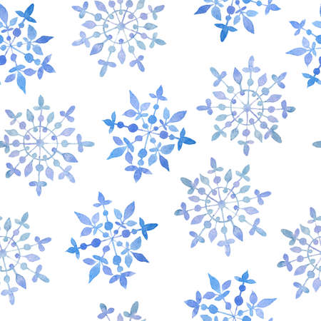 Watercolor hand drawn seamless pattern with blue elegant snowflakes for Christmas new year design wrapping paper textile. Electric blue snow frost pastel invitation celebration. Winter background.の写真素材