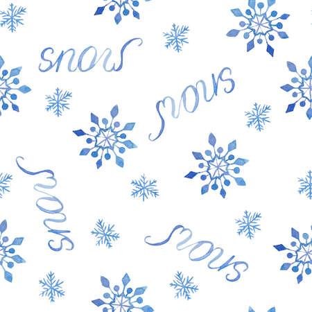 Watercolor hand drawn seamless pattern with Snow phrase writing lettering and blue snowflakes. Elegant illustration for Christmas New year cards invitations design. Electric blue snow frost pastel. Winter backgroundの写真素材