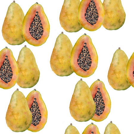 watercolor hand drawn seamles pattern with tropical exotic papaya fruit of orange yellow and green color with black seeds. Healthy trendy food for vegan vegetarian diet for kitchen textile fabrics menuの写真素材
