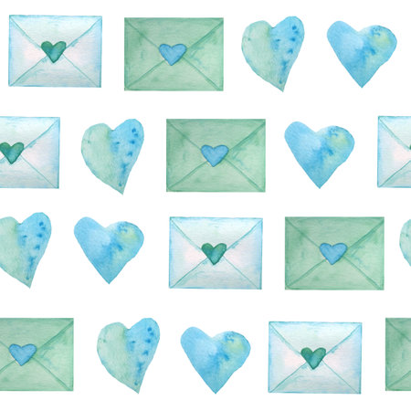 Seamless watercolor hand drawn pattern with green blue turquoise letters hearts for St Valentine Day fabric textile wrapping paper. Elegant design background for love celebration wedding. Modern printの写真素材