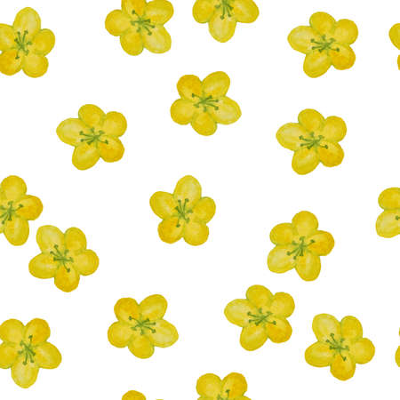 Seamless hand drawn watercolor pattern with yellow buttercup ranunculus, green wild herbs flowers leaves in wood woodland forest. Organic natural plants, floral botanical design for wallpapers textile wedding invitationの写真素材