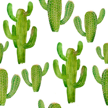 Watercolor hand drawn seamless pattern of tropical mexican cactus cacti succulents. Green natural...