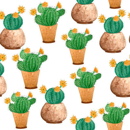 Watercolor hand drawn seamless pattern of tropical mexican cactus cacti succulents. Green natural...