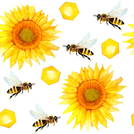 Watercolor seamless hand drawn pattern with bumble bees, nature natural insects, summer vibes modern design. Honeybees with yellow sunflower flowers. Bright modern pollen farm design background. For textile wallpaper wrapping paperの写真素材
