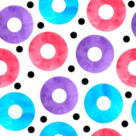 Watercolor seamless hand drawn pattern of 90s 80s memphis abstract style. Bright blue yellow pink...
