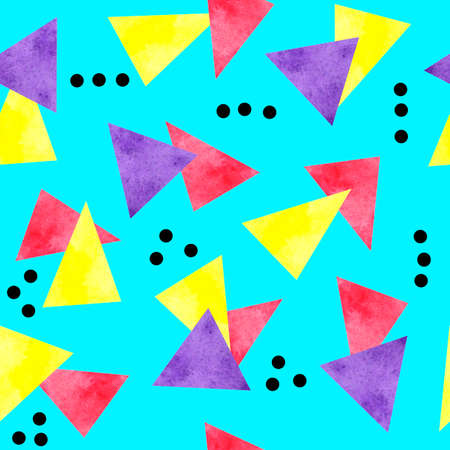 Watercolor seamless hand drawn pattern of 90s 80s memphis abstract style. Bright blue yellow pink...