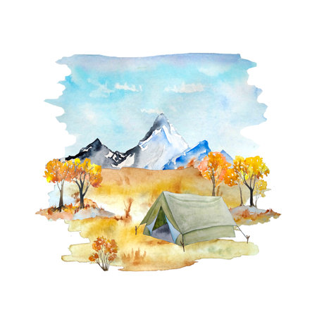 Watercolor hand drawn illustration with fall autumn landscape with mountains sky orange grass bushes and trailer camper van, tourist tent. Tourism outdoor camping activities. Wild forest nature september octoberの写真素材