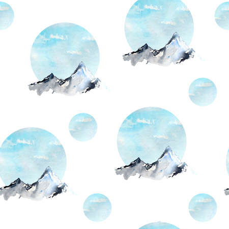 Watercolor hand drawn seamless pattern with blue winter mountain range peaks. Skiing outdoor activities tourism concept. Nature landscape cold weather hills.の写真素材