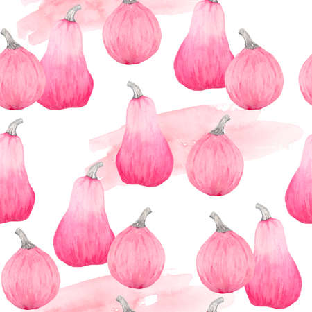 Hand drawn watercolor seamless pattern of fall autumn pastel soft pink pumpkins with grey leaves and flowers. Baby shower cards, invitation, Halloween design, Thanksgiving prints. Cute kawaii painting for girlsの写真素材