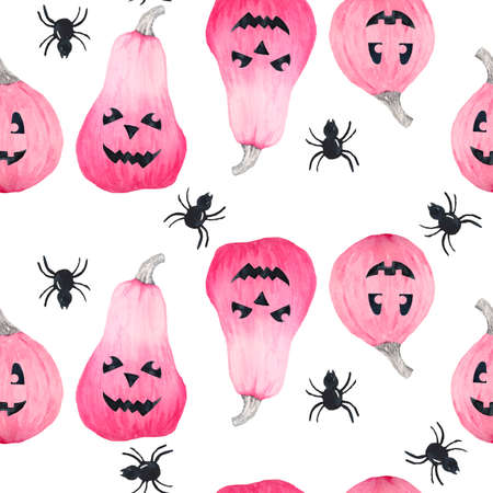 Hand drawn watercolor seamless pattern of Halloween fall autumn pastel soft pink pumpkins with grey floral elements. Horror goth gothic cards, invitation, Halloween design, prints. Cute kawaii painting for girlsの写真素材