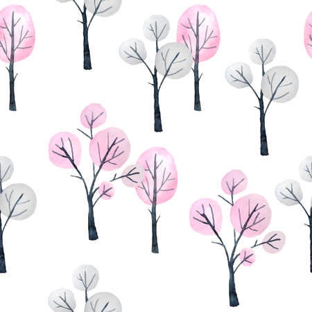 Watercolor seamless pattern with pink gray pastel forest wood trees isolated on white background. Christmas winter new year print for wrapping paper textile. North northern design.の写真素材