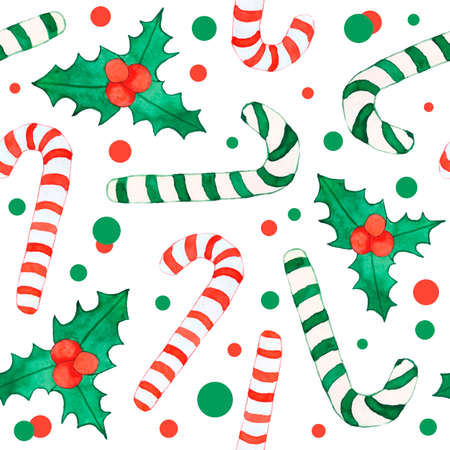 Watercolor hand drawn seamless pattern with Christmas holly plant sugar canes sticks and polka dot...