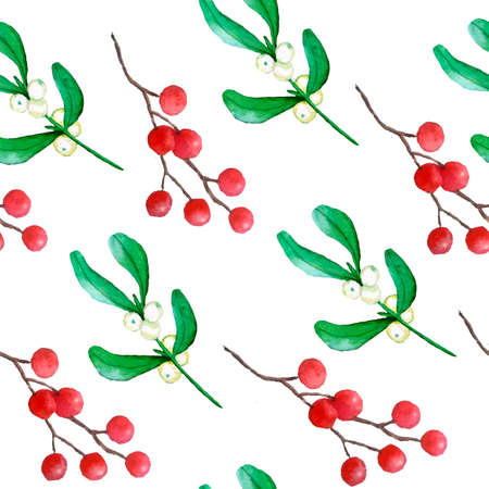 Watercolor seamless hand drawn pattern with Christmas plants holly pine spruce conifer branches holly red berries. Elegant winter candles on white background for wrapping paper textile new year celebrationの写真素材