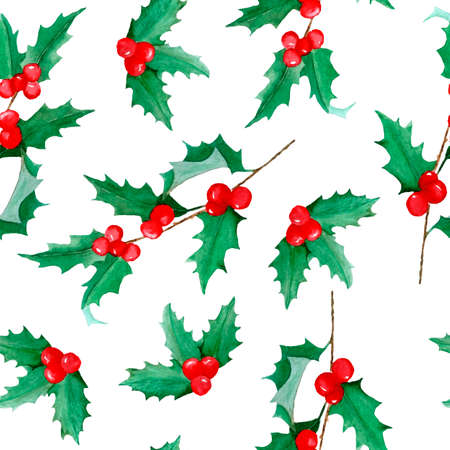 Watercolor seamless hand drawn pattern with Christmas plants holly pine spruce conifer branches holly red berries. Elegant winter candles on white background for wrapping paper textile new year celebrationの写真素材