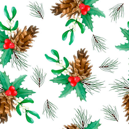 Watercolor seamless hand drawn pattern with Christmas plants holly pine spruce conifer branches...