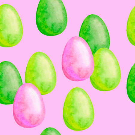 Watercolor hand drawn seamless pattern with Easter pink and green eggs in pastel colors. Spring holiday celebration background in cartoon style for textile wrapping paper invitation cards.の写真素材