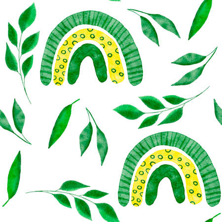 Watercolor seamless hand drawn pattern St Patricks Day background, green irish shamrock, emerald ireland hearts. Luck lucky design for textile party decoration, rainbow print.の写真素材