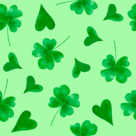 Watercolor seamless hand drawn pattern St Patricks Day background, green irish shamrock, emerald ireland hearts. Luck lucky design for textile party decoration, rainbow print.の写真素材