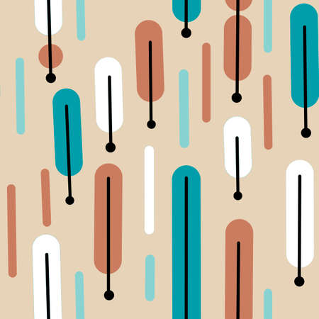 Seamless hand drawn mid century modern pattern in beige blue turquoise black white colors. Retro vintage 50s 60 atomic age mcm pattern with abstract geometric shapes for textile wallpaper.の写真素材